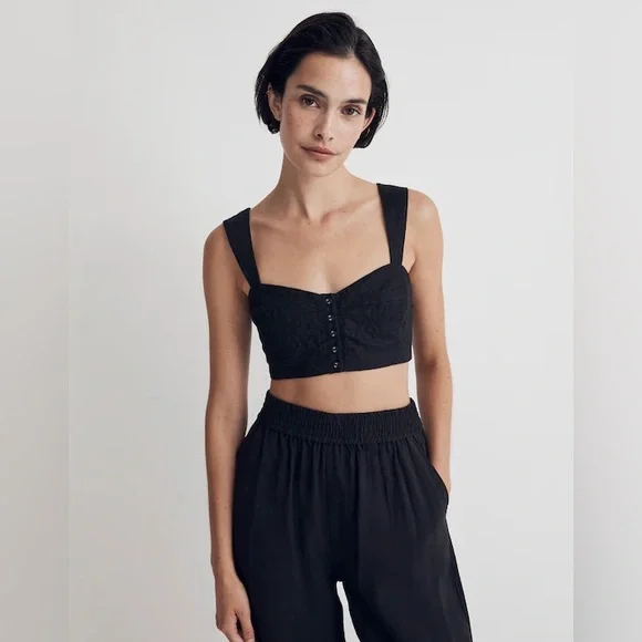NWT Madewell Black Button-Front Crop Top 100% Linen Sweetheart Bralette - 6 - Picture 4 of 9